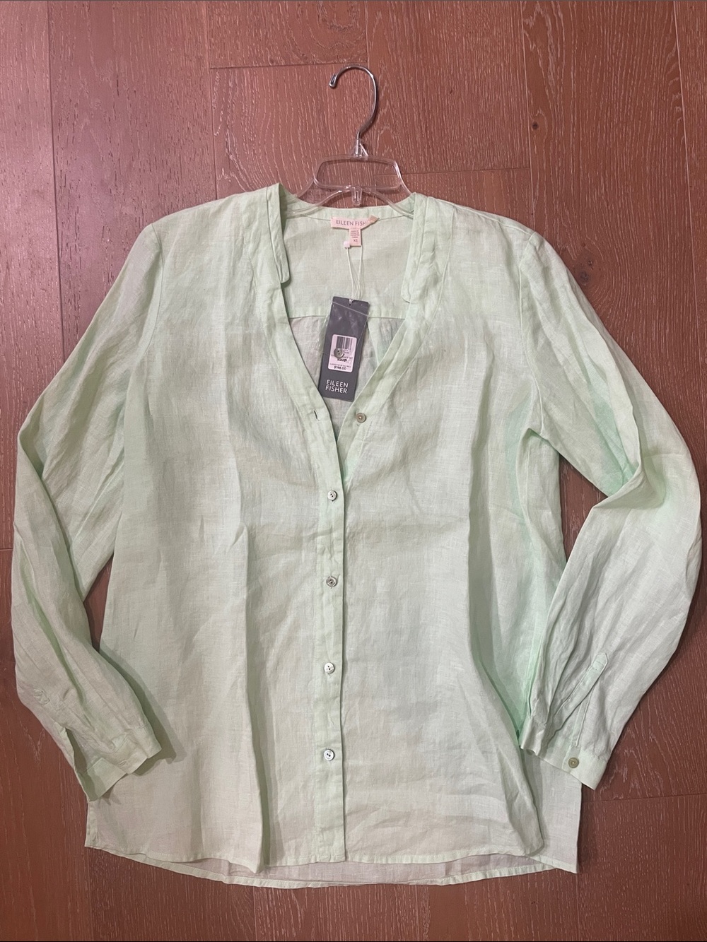 Eileen Fisher Light Mint Green 100% Irish Linen Button-Down Shirt